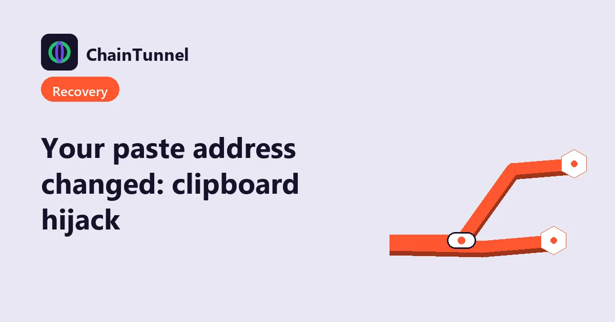 Clipboard hijacking illustrated: a copied wallet address swapped by malware the moment it's pasted