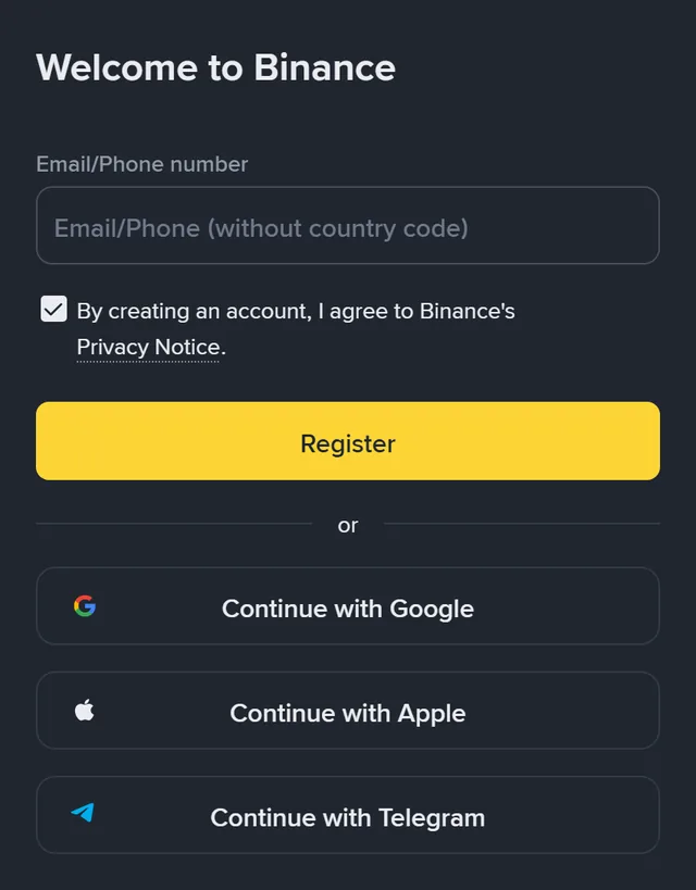 Binance sign-up page: the heading “Welcome to Binance”, one “Email/Phone (without country code)” field, a ticked “By creating an account, I agree to Binance's Privacy Notice” box, a yellow “Register” button, then “Continue with Google”, “Continue with Apple” and “Continue with Telegram” buttons